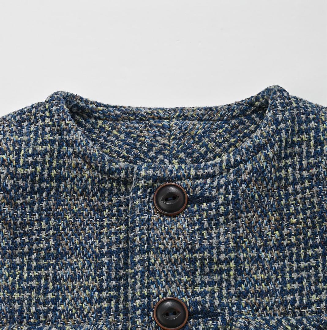 週末限定金額　45R 藍玉手箱ツイードのノーカラーアニージャケット　藍染め