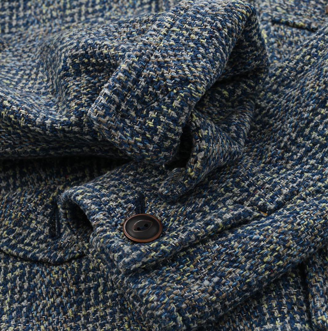 週末限定金額　45R 藍玉手箱ツイードのノーカラーアニージャケット　藍染め