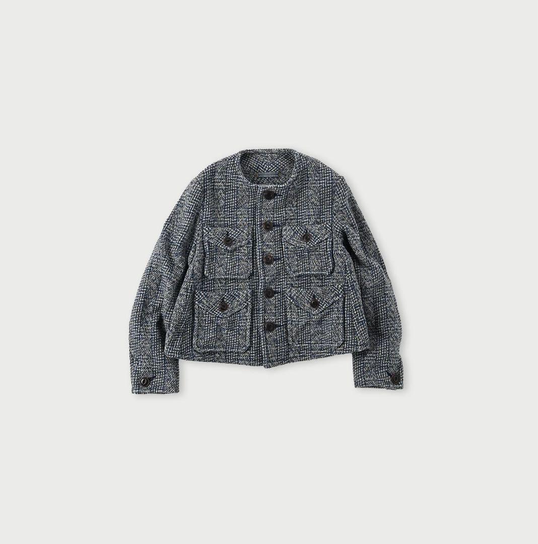 週末限定金額　45R 藍玉手箱ツイードのノーカラーアニージャケット　藍染め