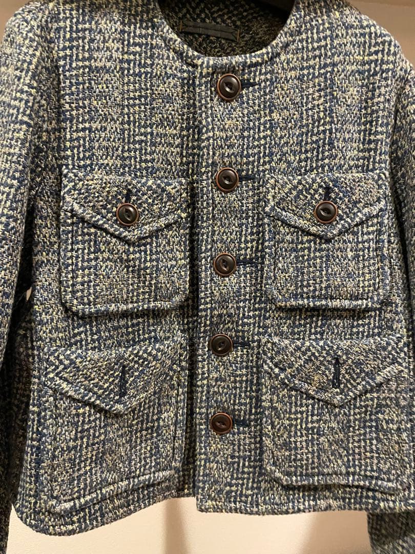 週末限定金額　45R 藍玉手箱ツイードのノーカラーアニージャケット　藍染め
