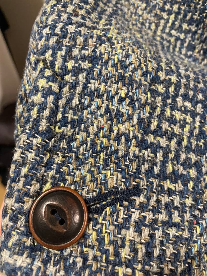 週末限定金額　45R 藍玉手箱ツイードのノーカラーアニージャケット　藍染め