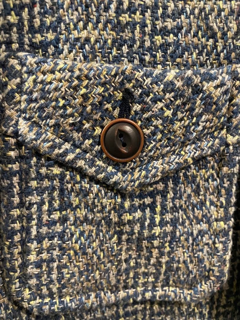 週末限定金額　45R 藍玉手箱ツイードのノーカラーアニージャケット　藍染め