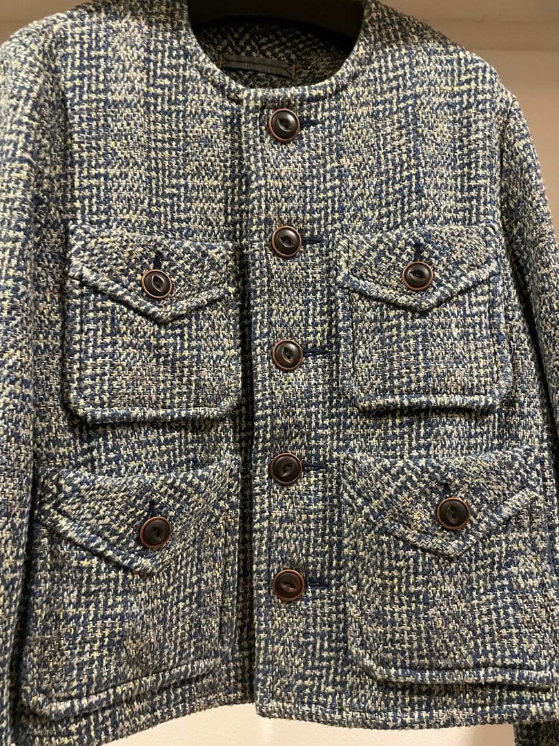週末限定金額　45R 藍玉手箱ツイードのノーカラーアニージャケット　藍染め