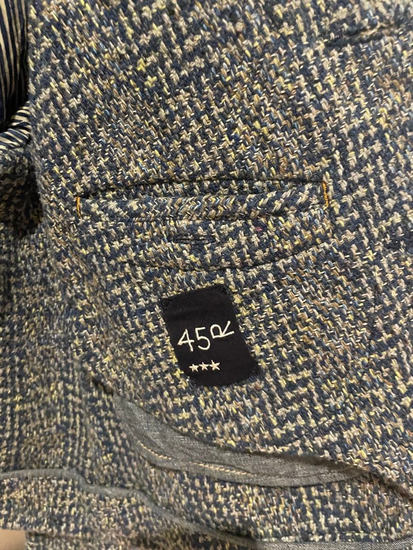 週末限定金額　45R 藍玉手箱ツイードのノーカラーアニージャケット　藍染め