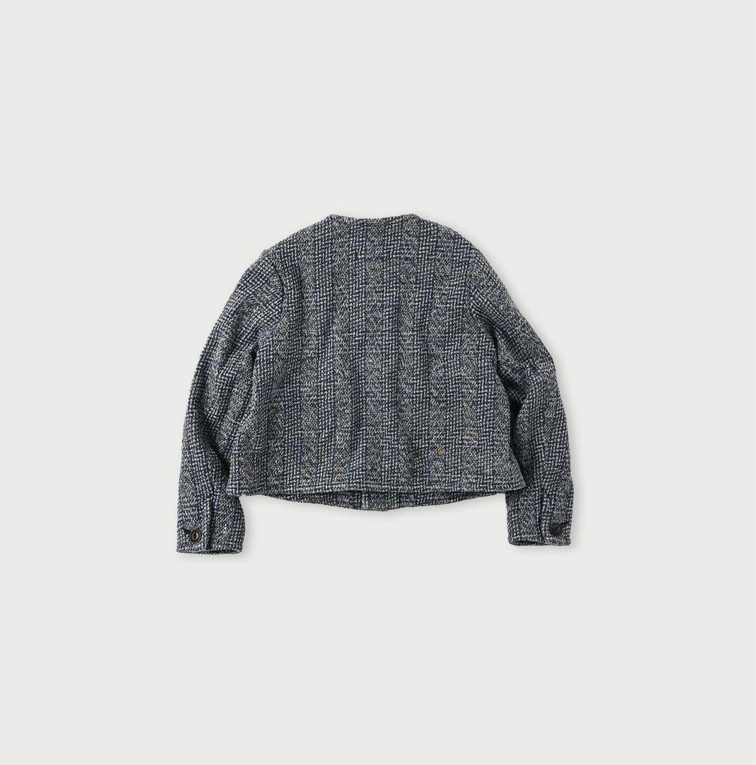 週末限定金額　45R 藍玉手箱ツイードのノーカラーアニージャケット　藍染め