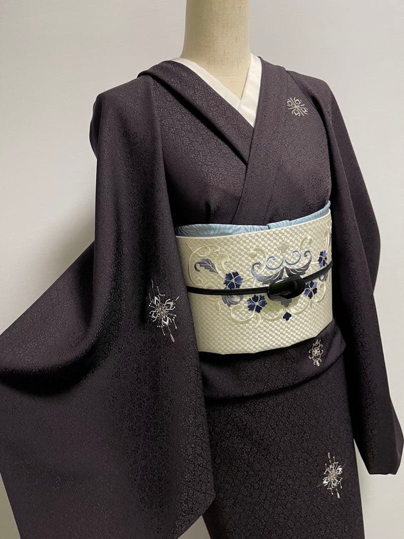 特選総刺繍飛び柄小紋着尺【総刺繍◆更紗紋意匠地】黒 ブラック