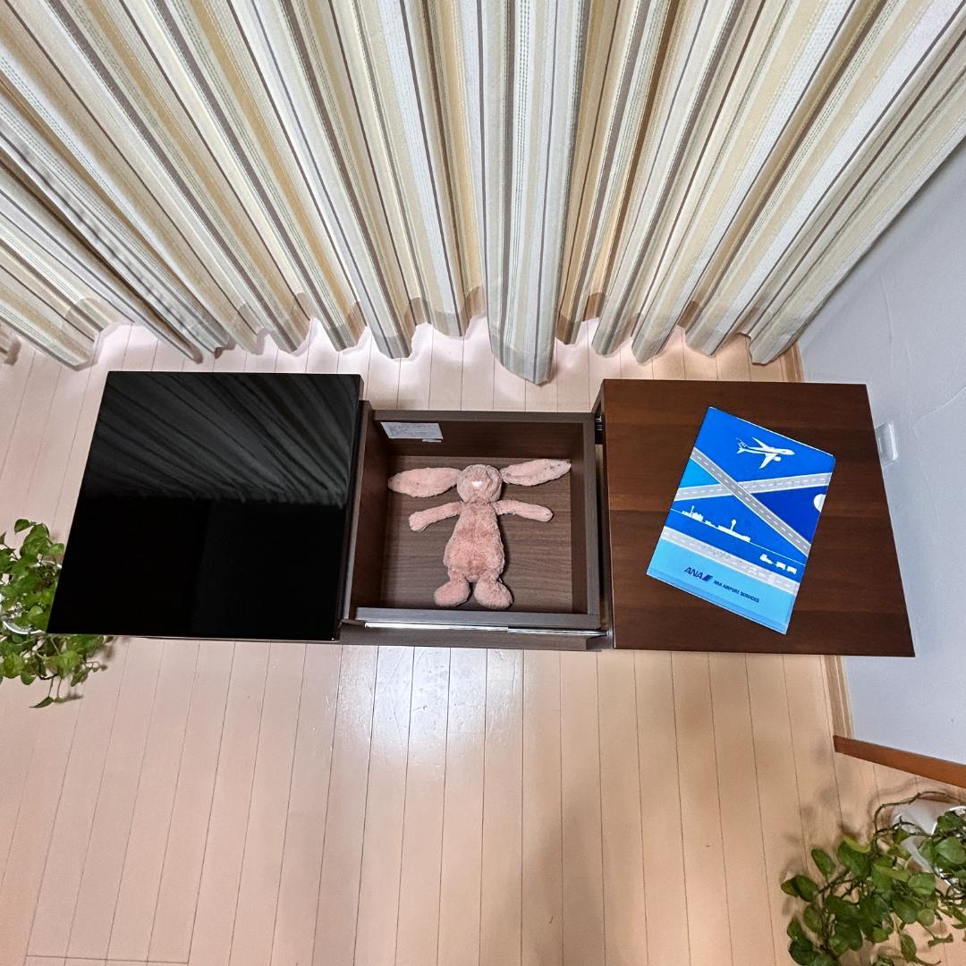 【美品】スライド収納付ローテーブル 幅90cm 木目×ガラス調天板 完成品