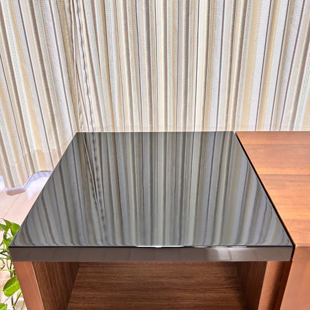 【美品】スライド収納付ローテーブル 幅90cm 木目×ガラス調天板 完成品