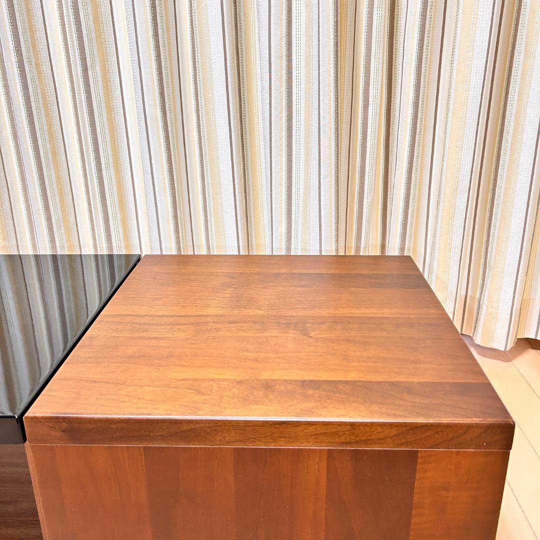 【美品】スライド収納付ローテーブル 幅90cm 木目×ガラス調天板 完成品