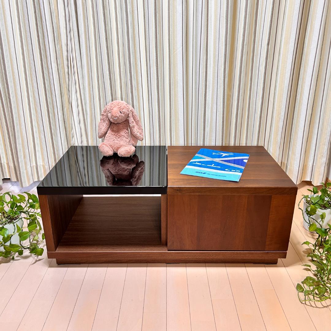 【美品】スライド収納付ローテーブル 幅90cm 木目×ガラス調天板 完成品