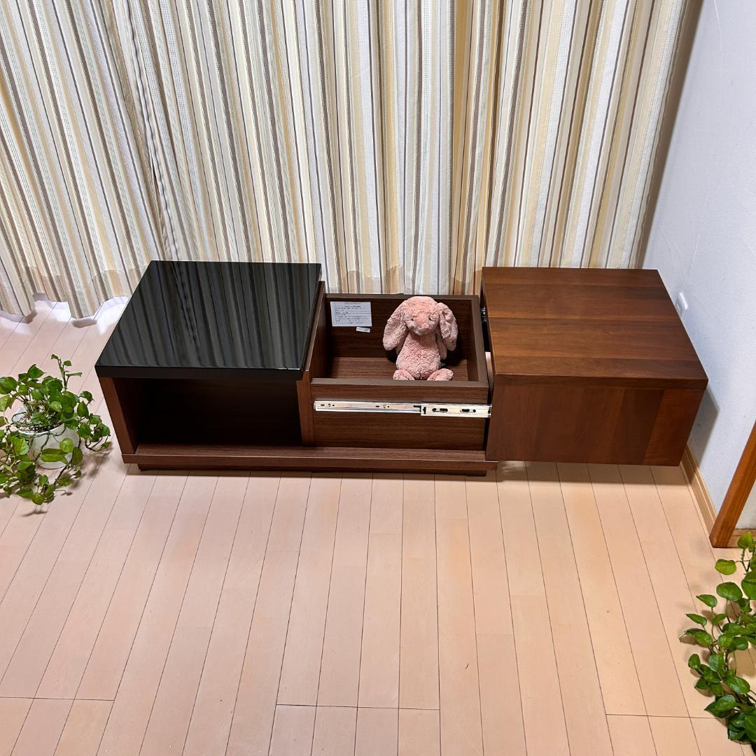 【美品】スライド収納付ローテーブル 幅90cm 木目×ガラス調天板 完成品