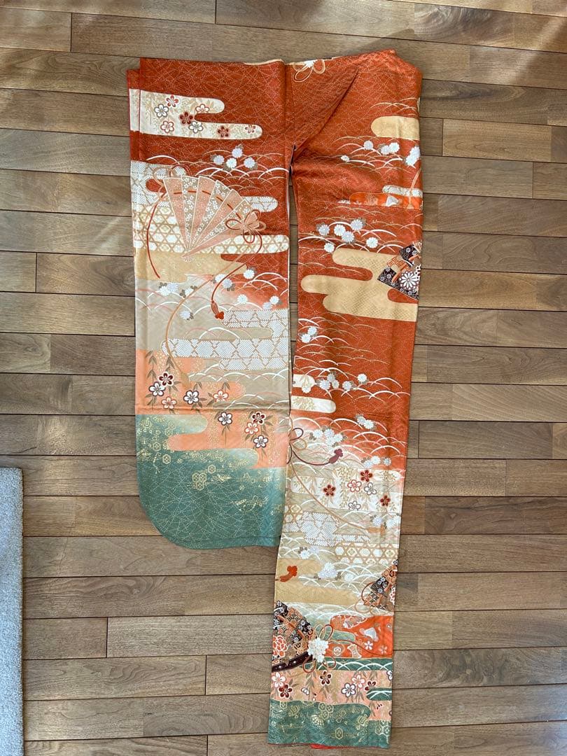 振袖 オレンジ 緑 花柄 帯、小物付き