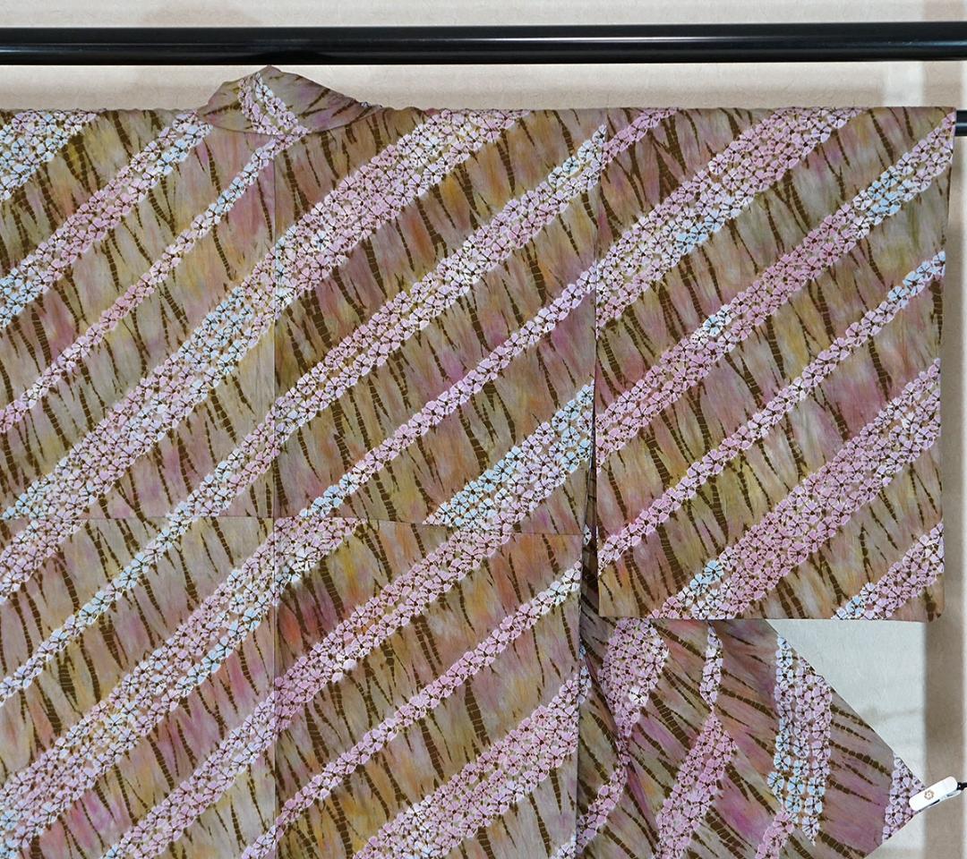 板締め絞り　正絹染紬　カジュアル　お洒落着　155cm　l862