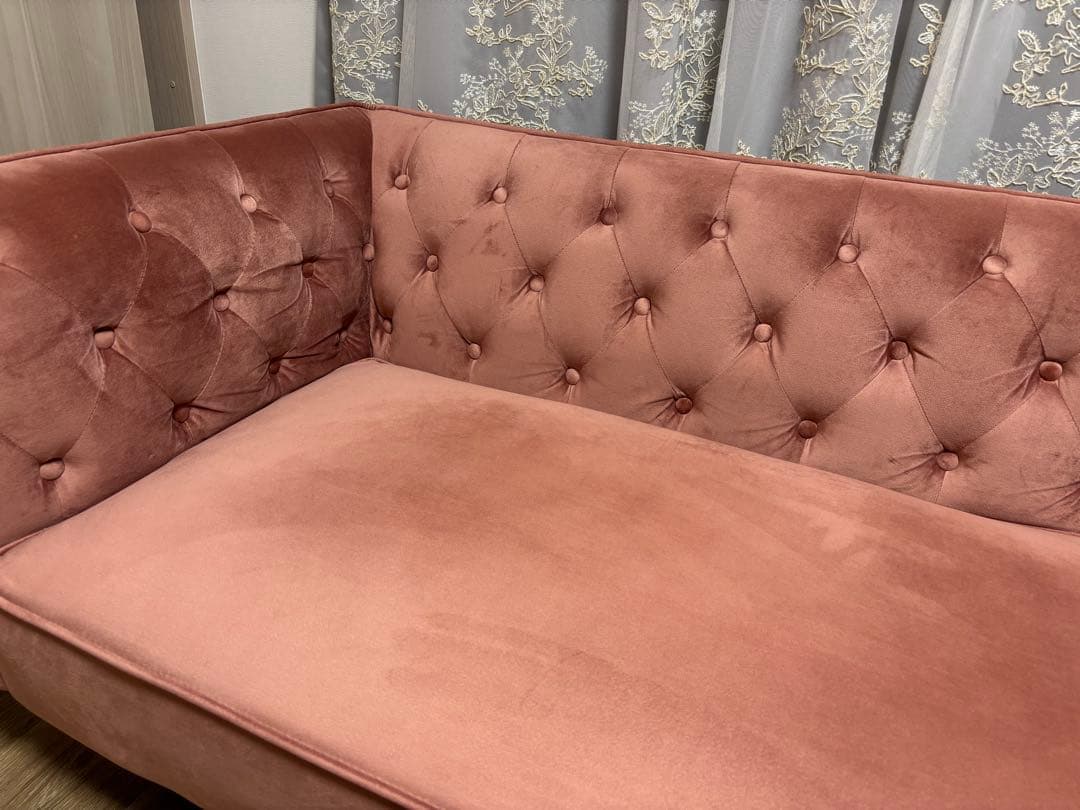 LOWYA ソファ 2人掛けソファ カウチソファ ベルベット調 ピンク