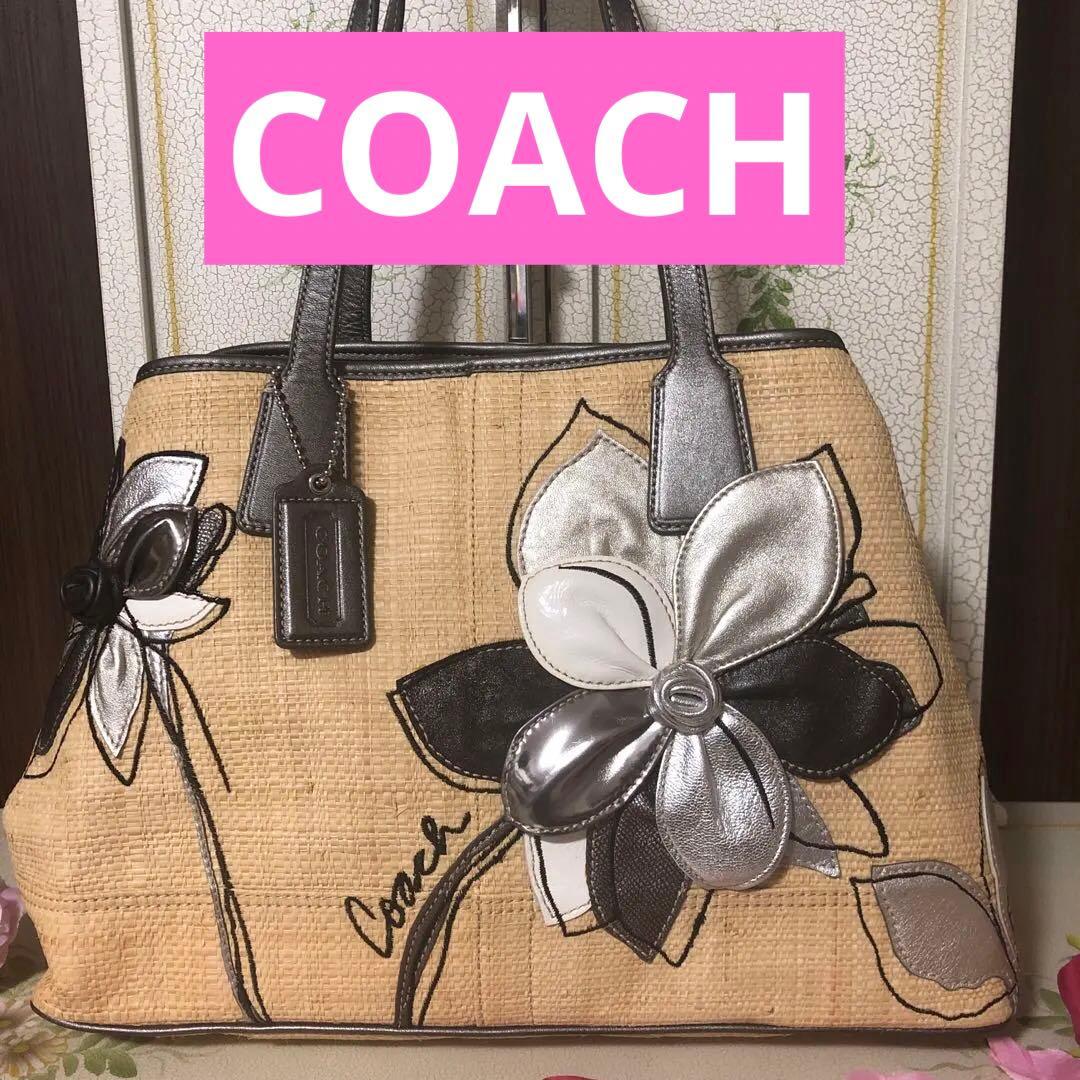 COACHストロートートバッグ　フラワーハンプトンズ