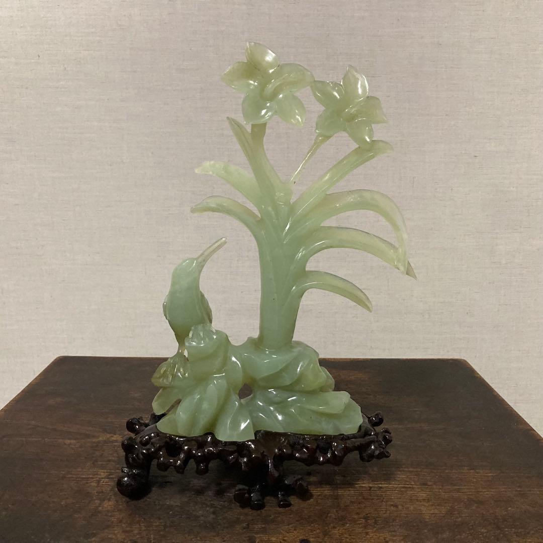 翡翠 置物 オブジェ 花 鳥 彫刻 工芸品 美術品 骨董 レトロ