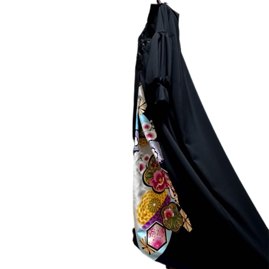 振袖　着物リメイク　ドレス　黒×金彩椿や菊や梅　和柄　ワンピース　ハンドメイド