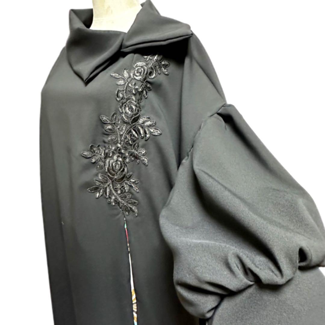 振袖　着物リメイク　ドレス　黒×金彩椿や菊や梅　和柄　ワンピース　ハンドメイド