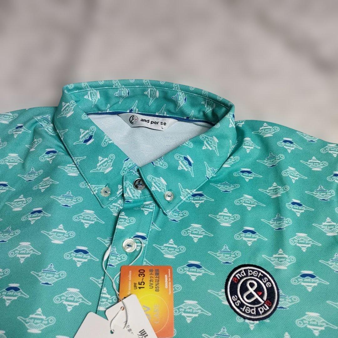 AND PER SE アンパスィ 半袖ポロシャツ ボタンダウン 総柄 グリーン系