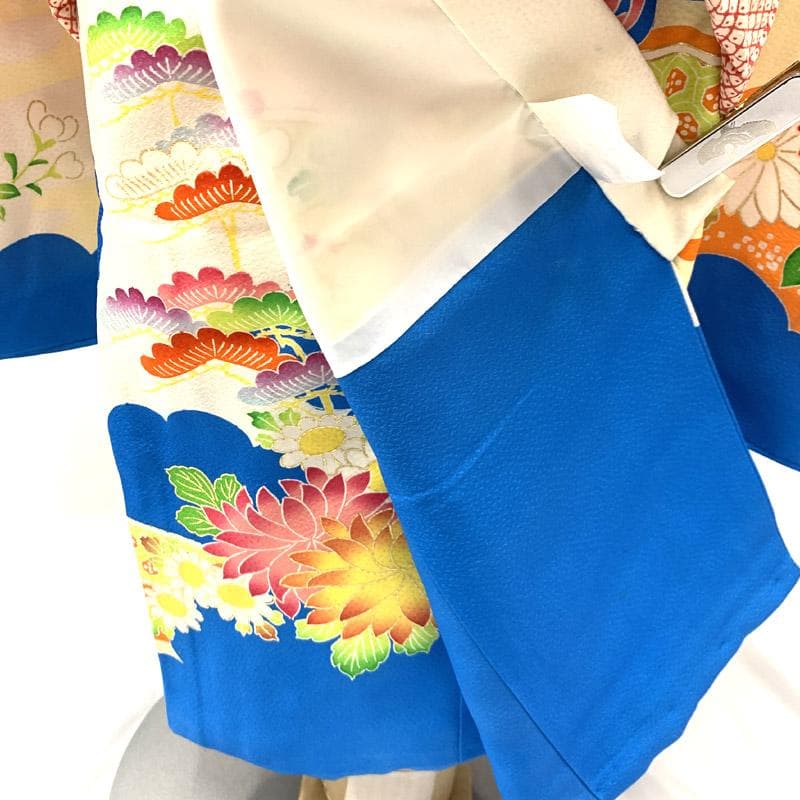 509ag39■七五三 三歳 女児 着物&被布&長襦袢 菊 牡丹 笠松■良好