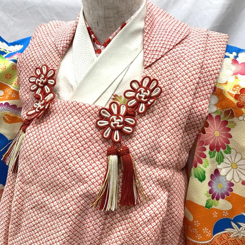 509ag39■七五三 三歳 女児 着物&被布&長襦袢 菊 牡丹 笠松■良好