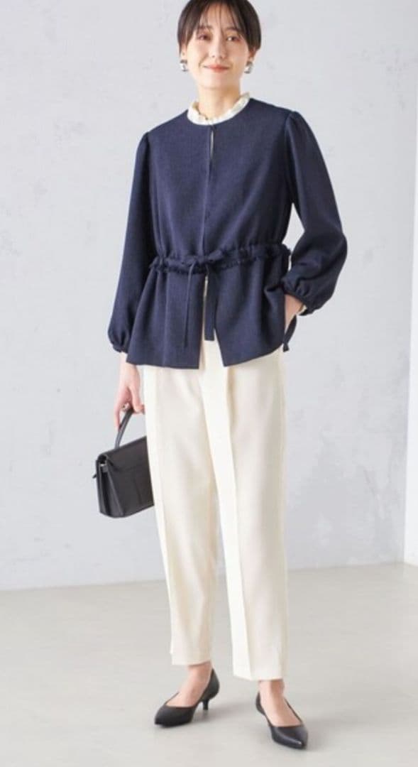 SHIPS　ウエストリボン付きノーカラージャケット ネイビー