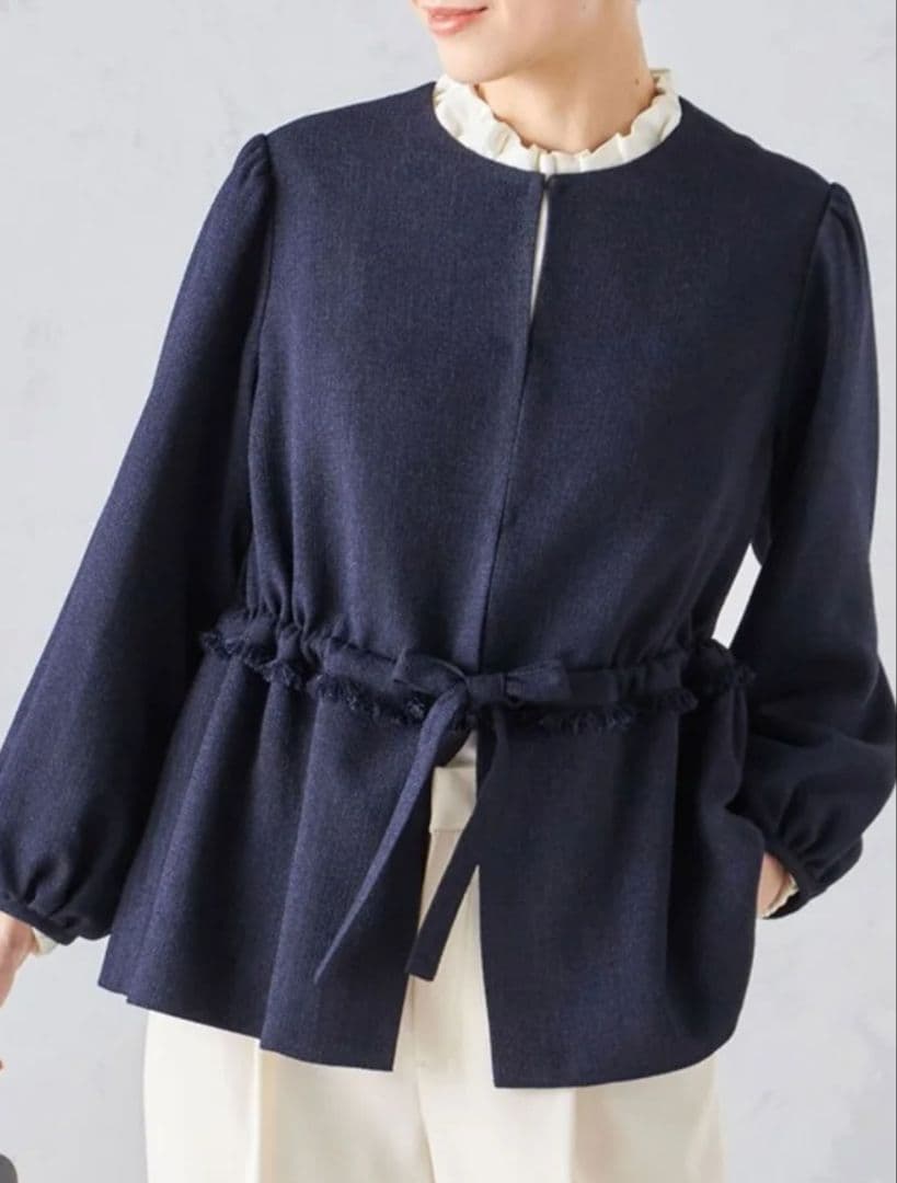 SHIPS　ウエストリボン付きノーカラージャケット ネイビー