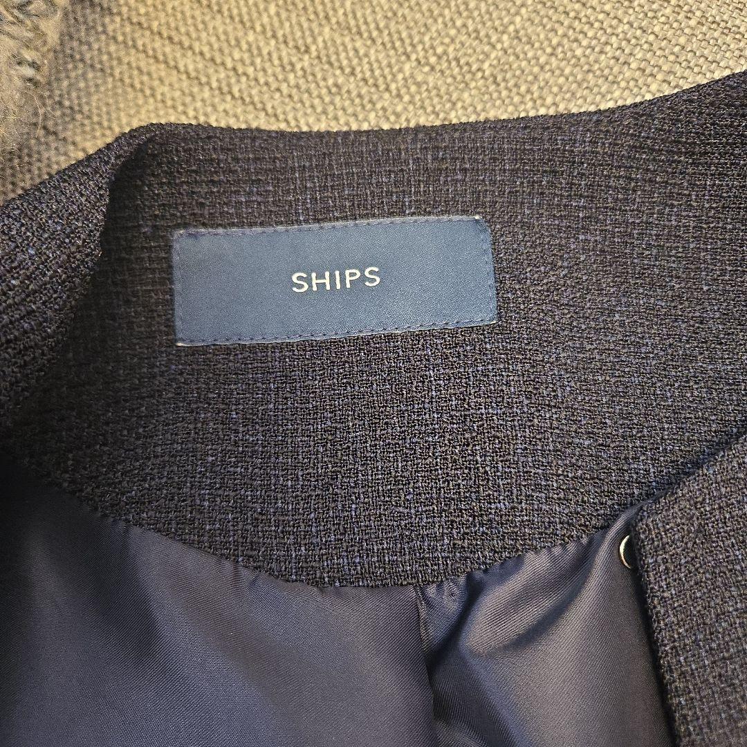 SHIPS　ウエストリボン付きノーカラージャケット ネイビー