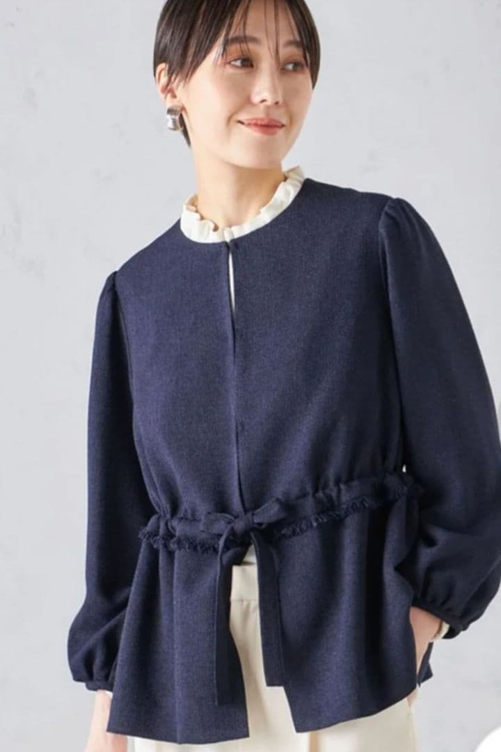 SHIPS　ウエストリボン付きノーカラージャケット ネイビー
