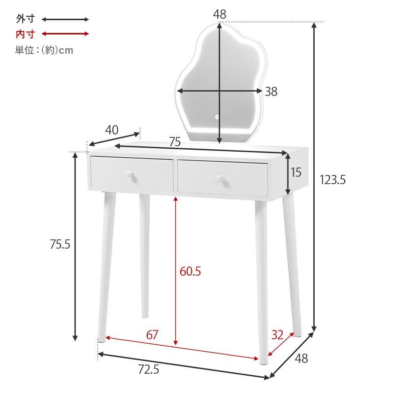 送料無料【新品】女優ライト　ドレッサー＆スツールセット　ウェーブミラー　韓国風