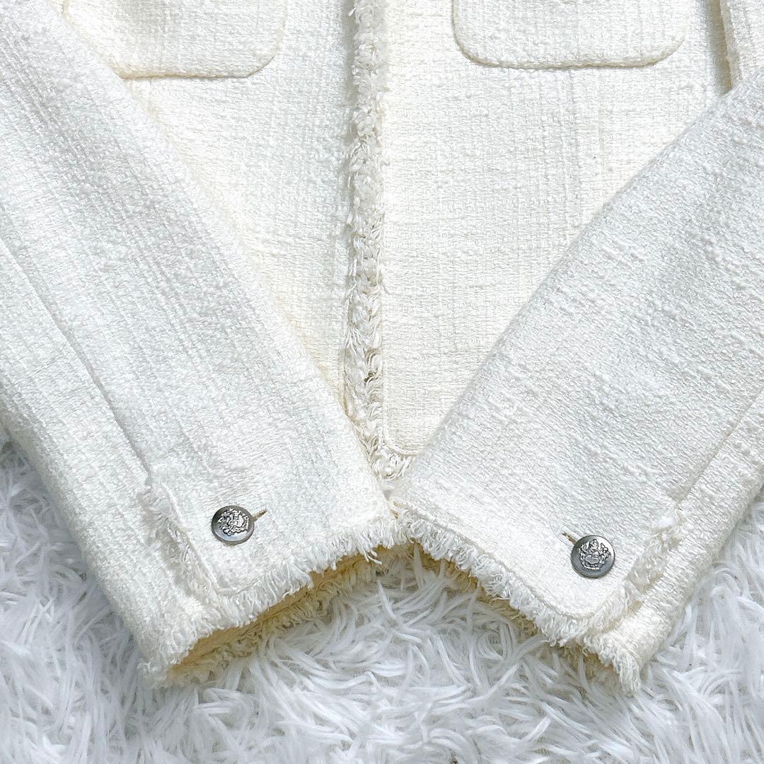 極美品✨️ ANAYI ツィード ノーカラージャケット 白 銀ボタン 38