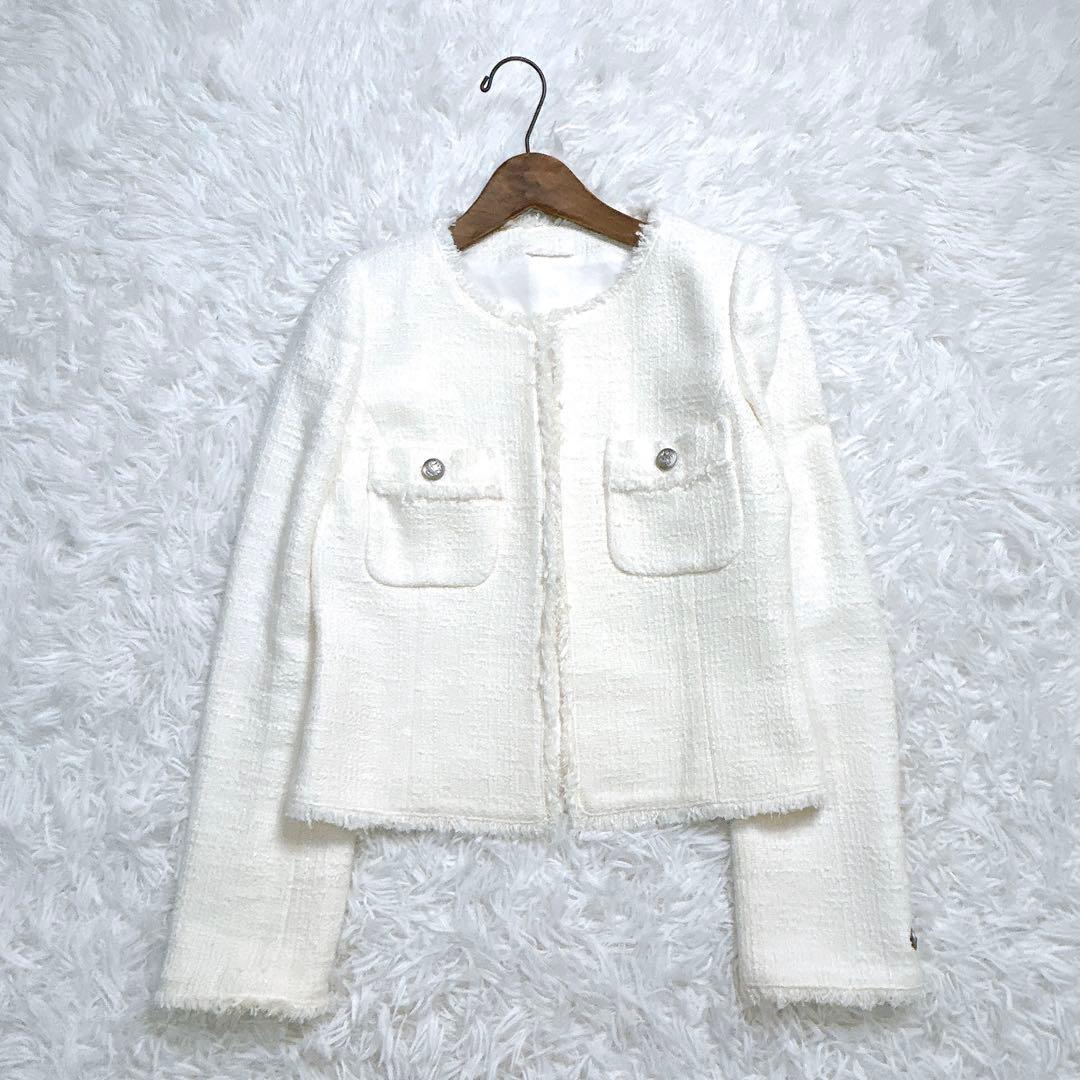 極美品✨️ ANAYI ツィード ノーカラージャケット 白 銀ボタン 38