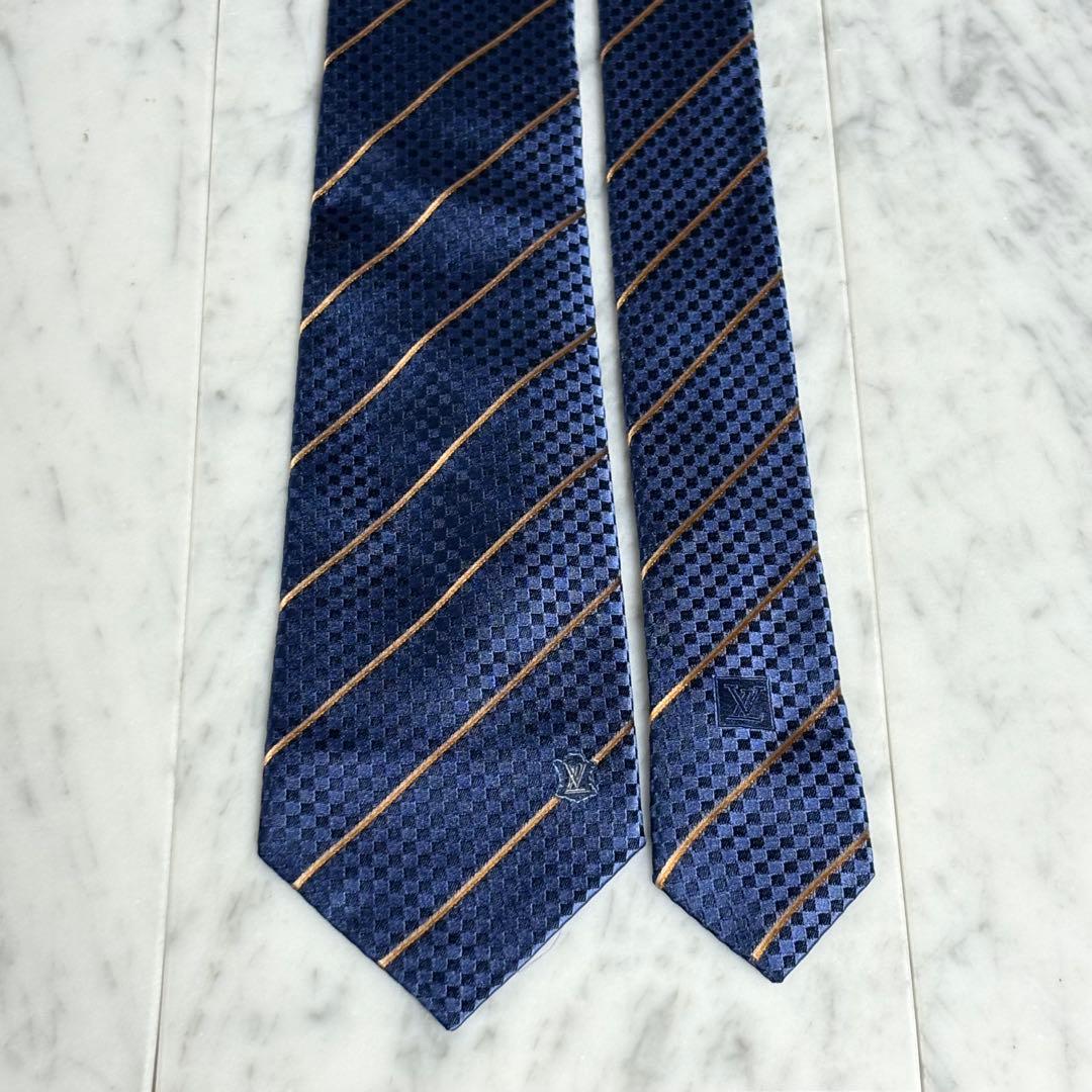 LOUIS VUITTON ネクタイ ネイビー ダミエ ストライプ ロゴ柄