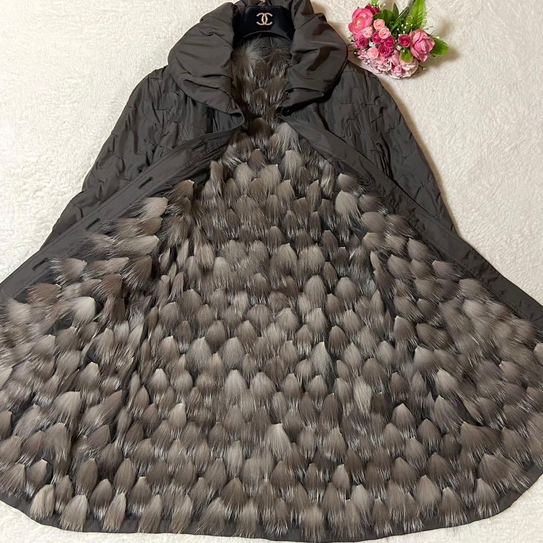 【シルク100%】ロングコート 毛皮 フォックスファー グレー Lサイズ