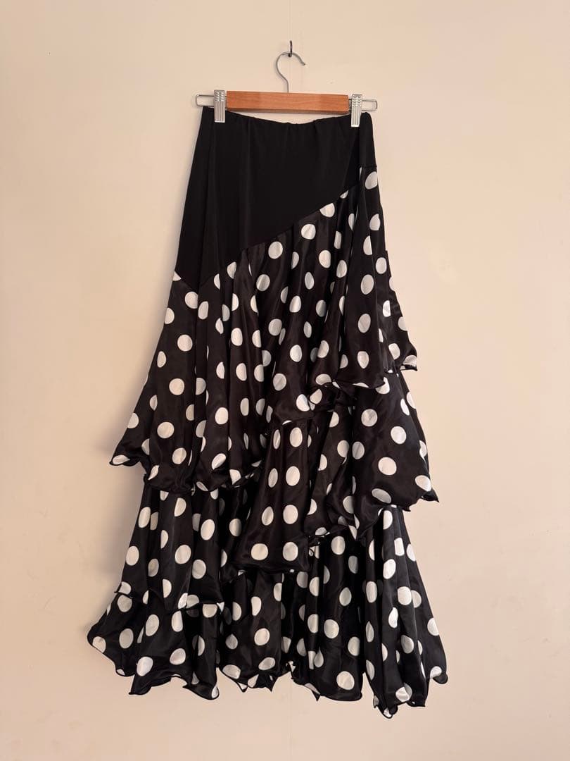 新品　社交ダンス　スカート　黒　白　水玉　サテン　ファルダ　タンゴ　4816