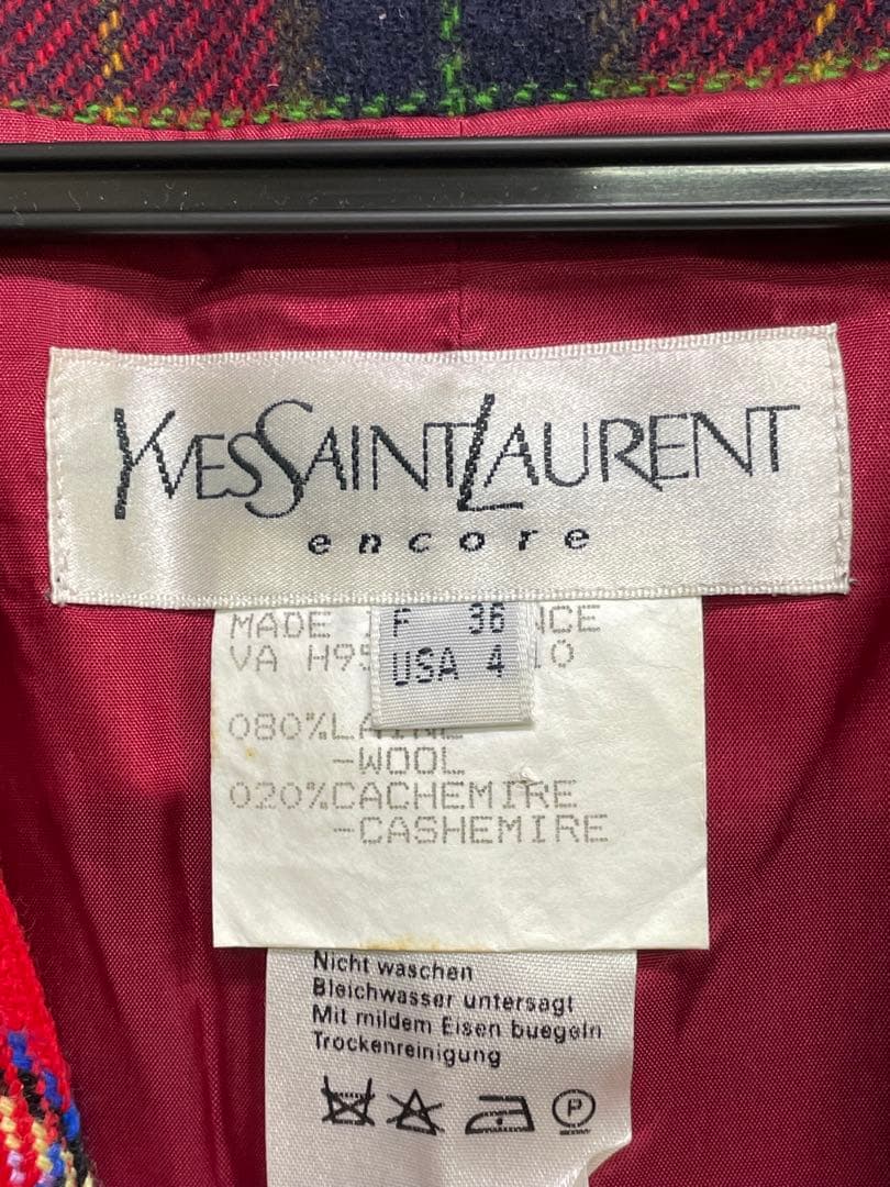 極美品　Yves Saint Laurent カシミヤ　レッドチェックジャケット