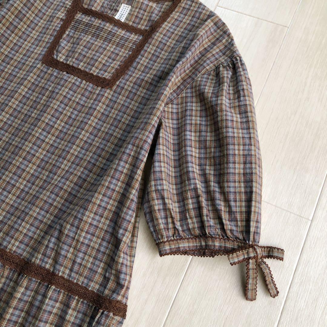 カネコイサオ チェック柄 レース ワンピース