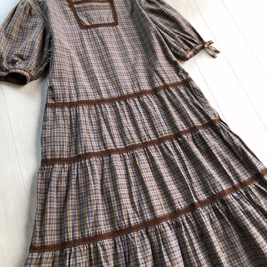 カネコイサオ チェック柄 レース ワンピース