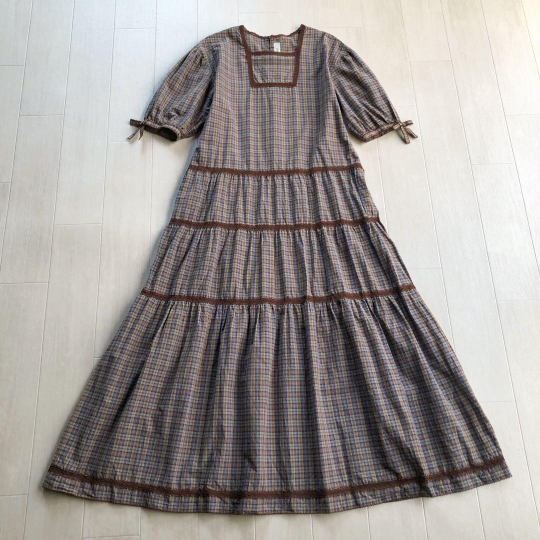 カネコイサオ チェック柄 レース ワンピース
