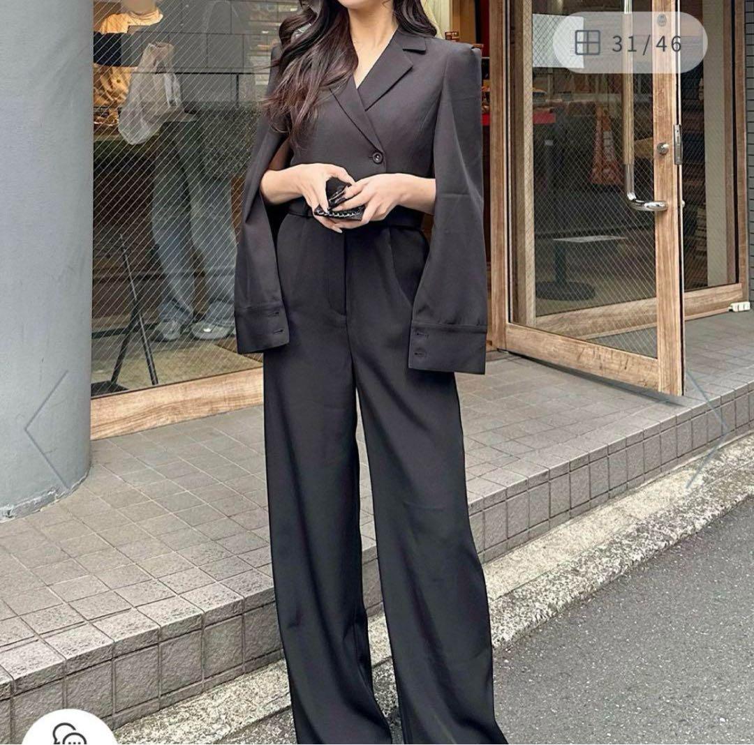  PARTY ベルト付きケープ風オールインワン　黒　Fサイズ