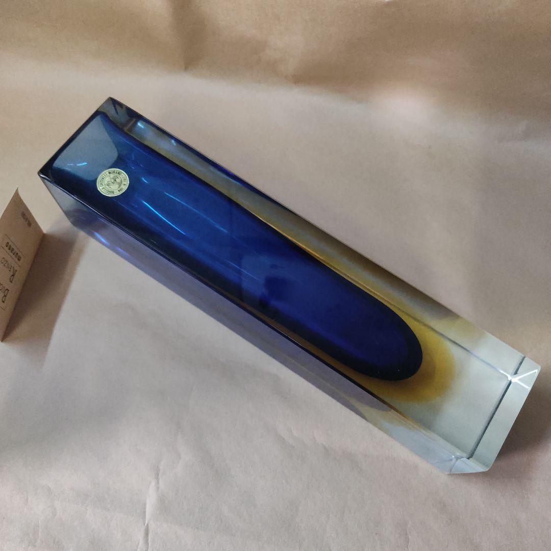 未使用 イタリア ムラーノ MURANO 青と透明のガラス花瓶 tr