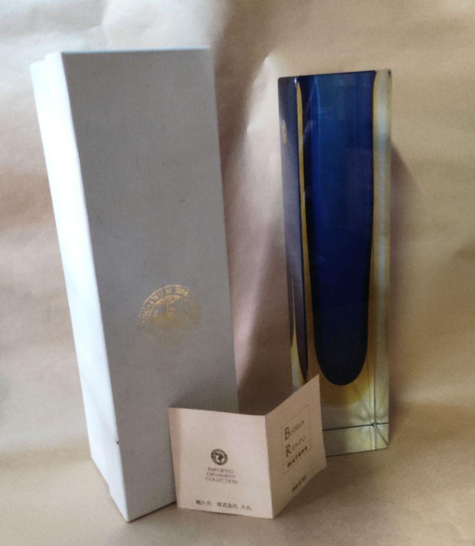 未使用 イタリア ムラーノ MURANO 青と透明のガラス花瓶 tr