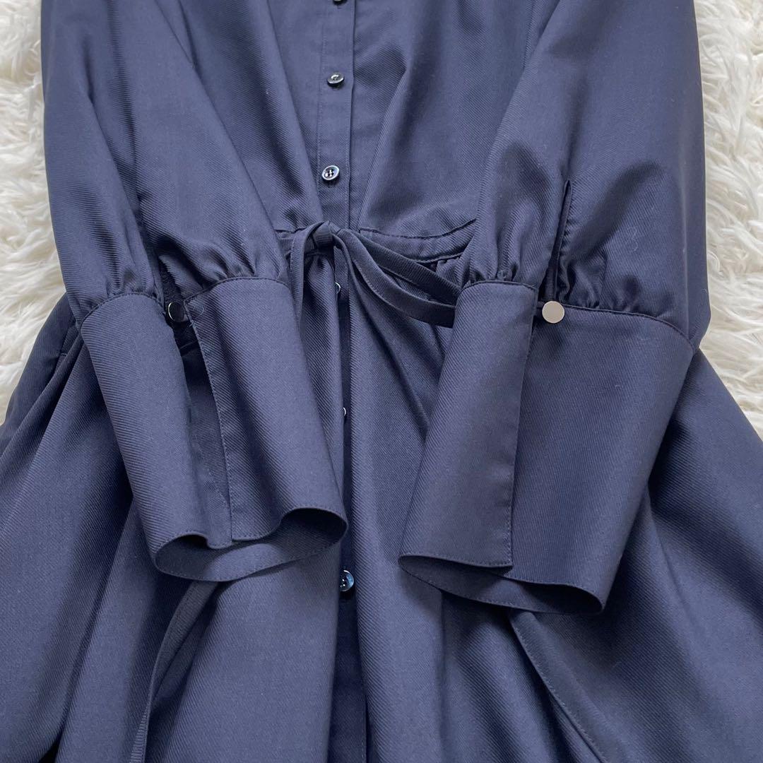 ANAYIアナイ ネイビーシャツワンピースウエストフロントリボン紐