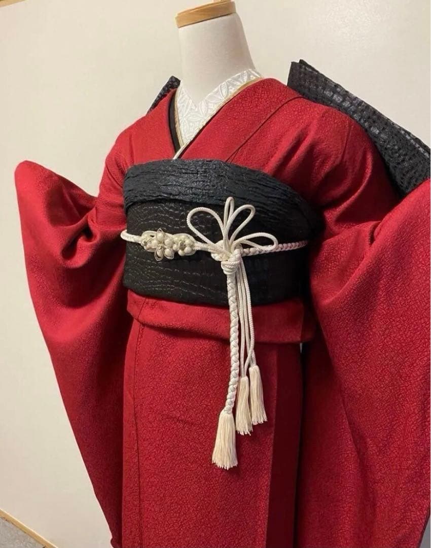 振袖フルセット　地紋　成人式　色無地振袖　赤　　黒　正絹　振袖6点セット