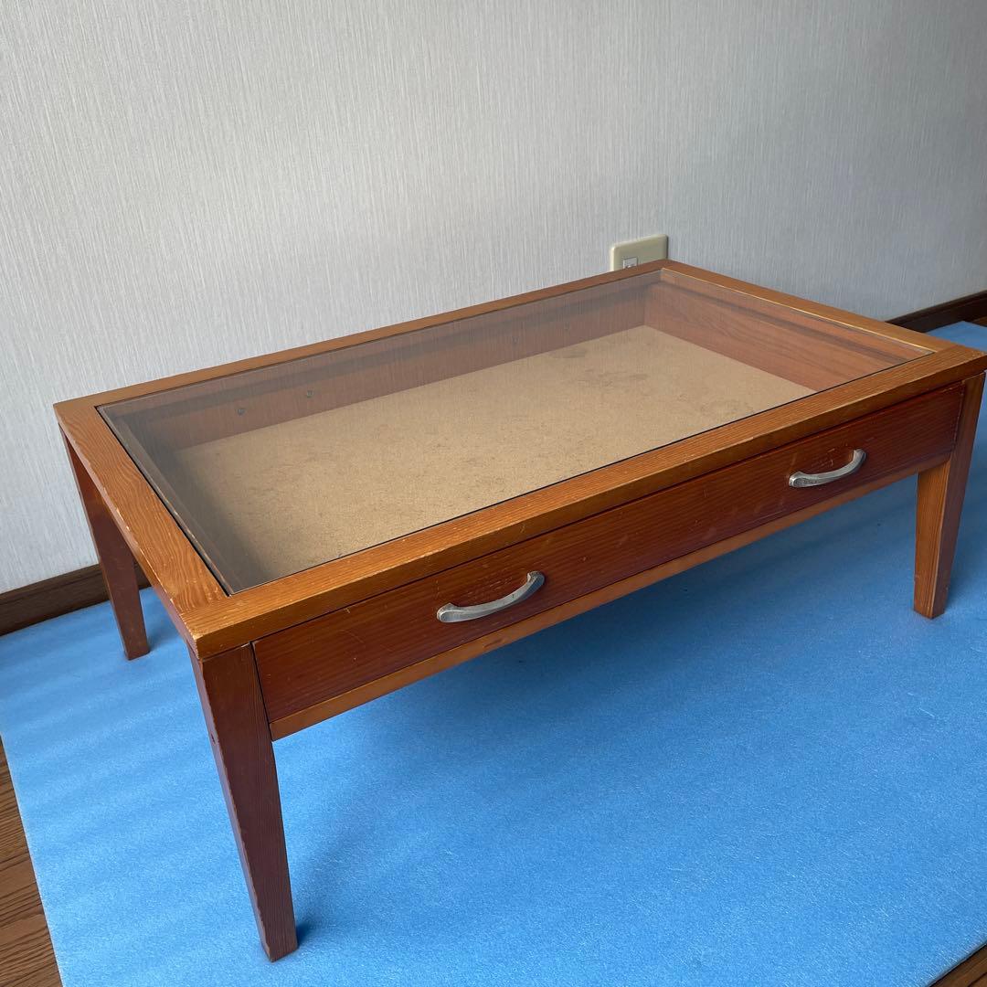 コレクションテーブル　ディスプレイテーブル ローテーブル　ガラス　天板　引出し付