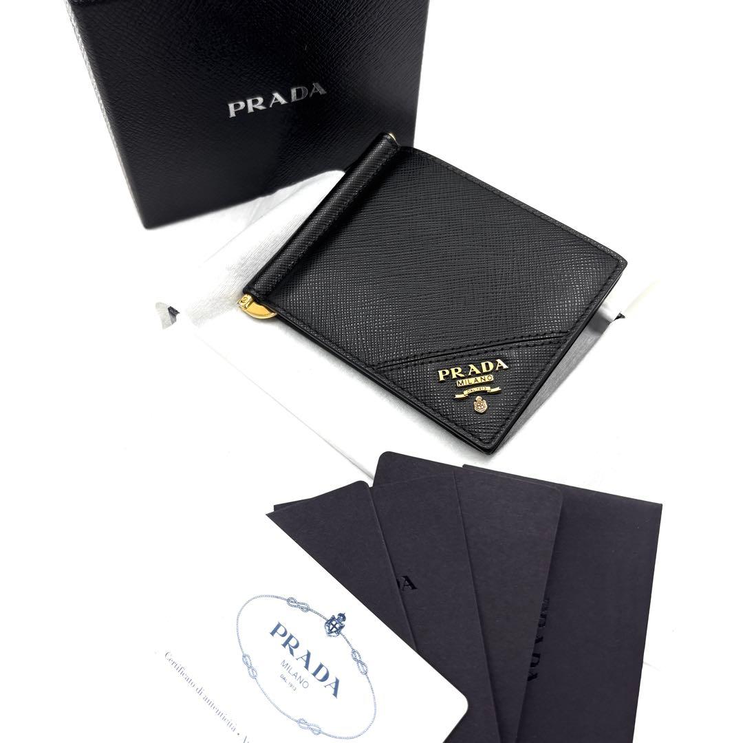 【未使用に近い】プラダ マネークリップ ロゴ サフィアーノレザー ゴールド 黒