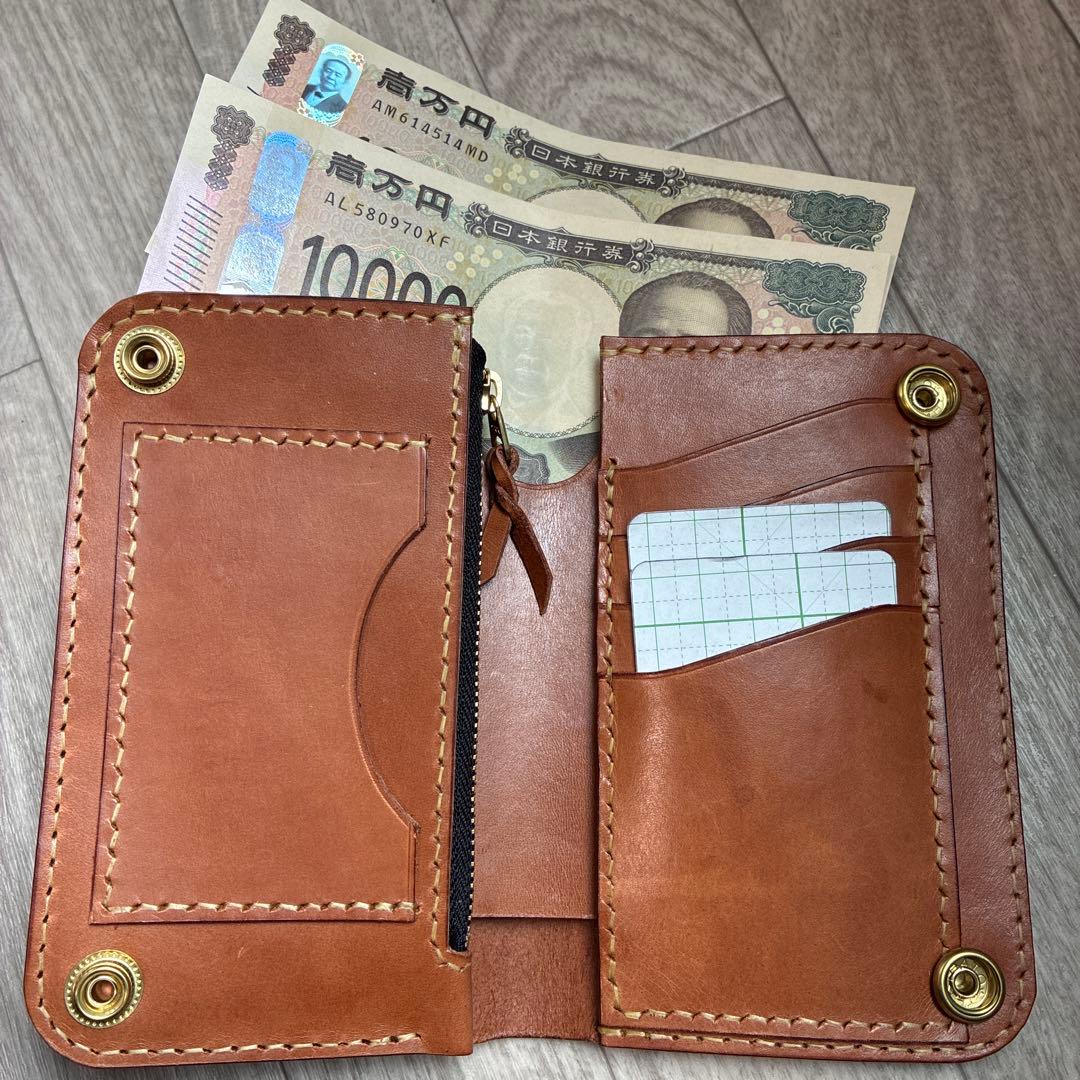 【週末セール】【茶芯】ブラック×ブラウン　ミドルトラッカーウォレット　真鍮