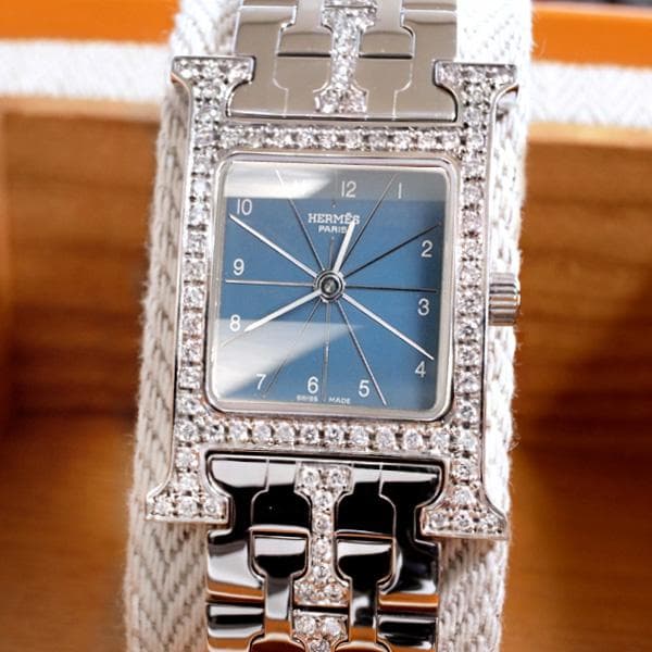 新品仕上げ済 エルメス Hウォッチ ダイヤベゼル　天然ダイヤ・宝石鑑別書つき