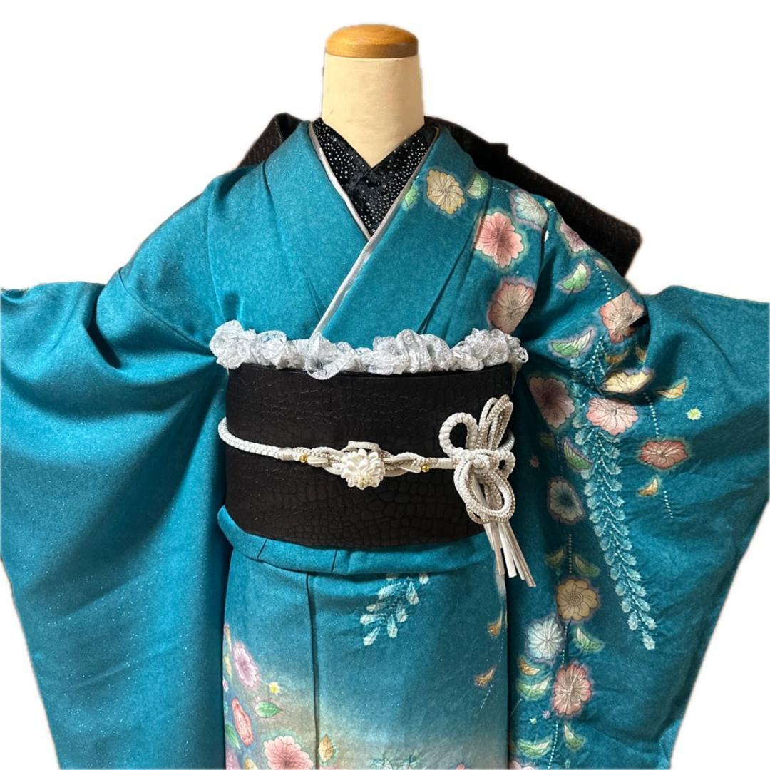 銀通し辻が花×黒シルバーレースMODE♡正絹振袖フルセット 成人式