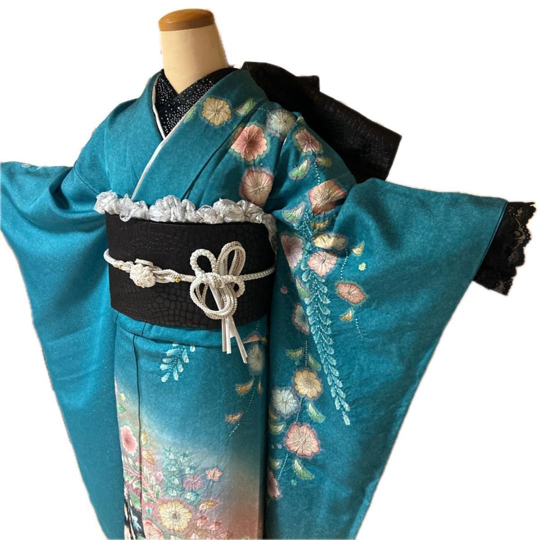 銀通し辻が花×黒シルバーレースMODE♡正絹振袖フルセット 成人式